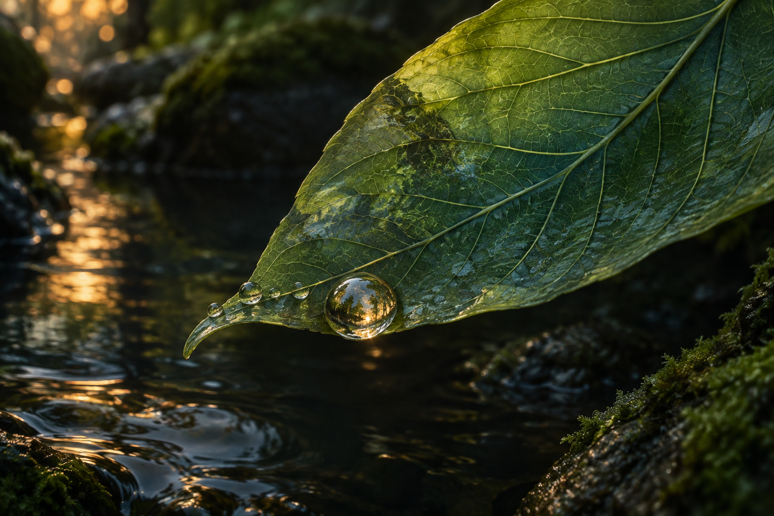 A painted leaf with branching veins carries droplets above dark water.
