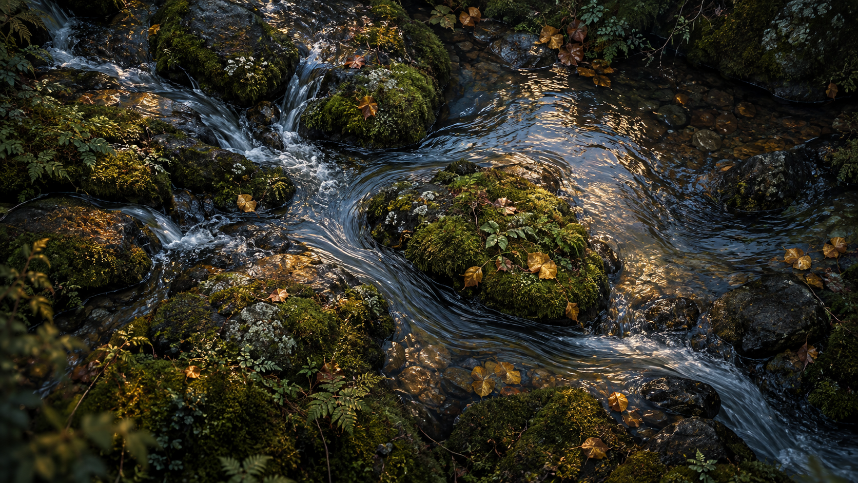 Illustrated woodland streams pass between moss-covered stones and leaves.