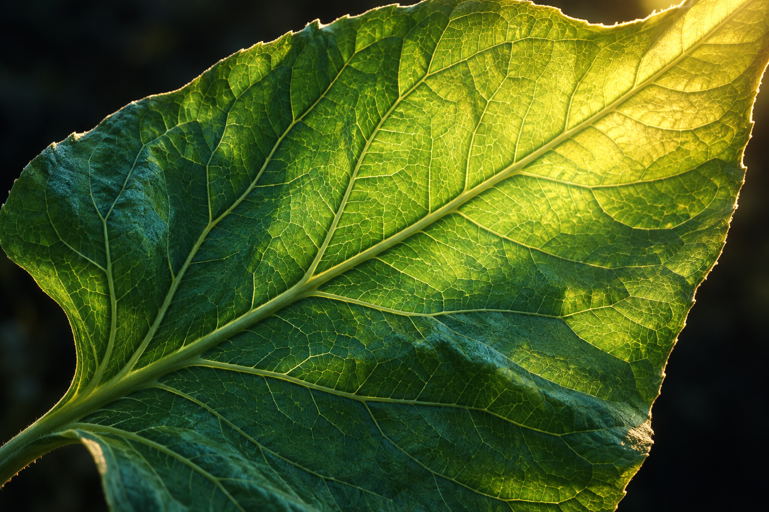 A branching leaf structure seen in close detail, with warm light following its veins.