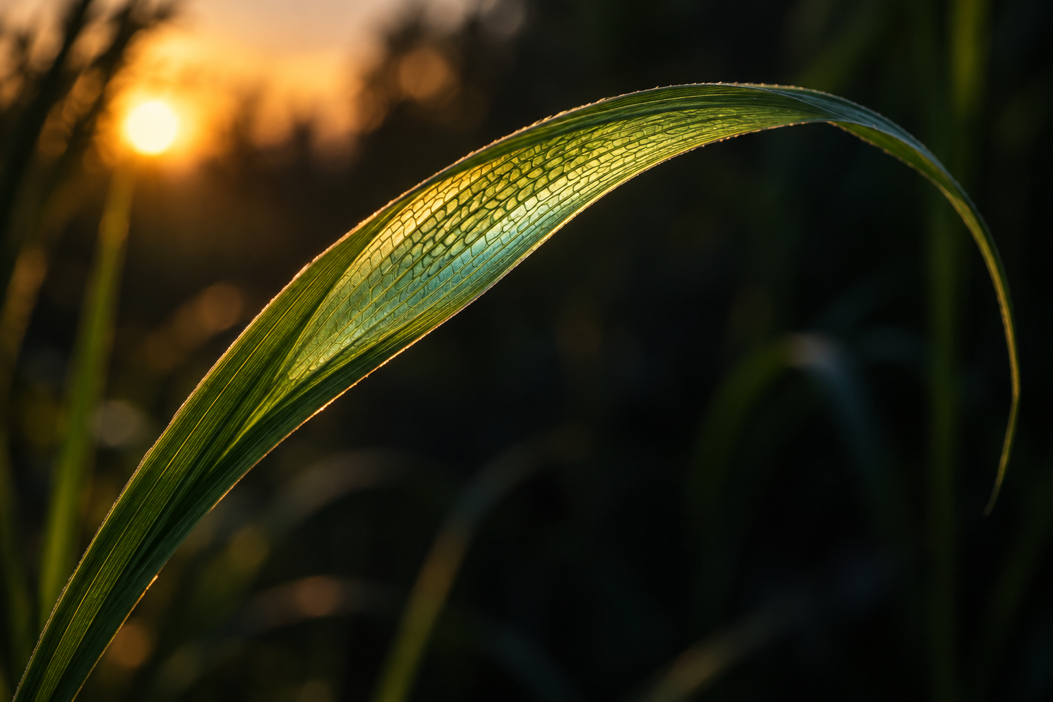 An imagined close study of a blade of grass, with fine repeating structures and light passing through its layers.
