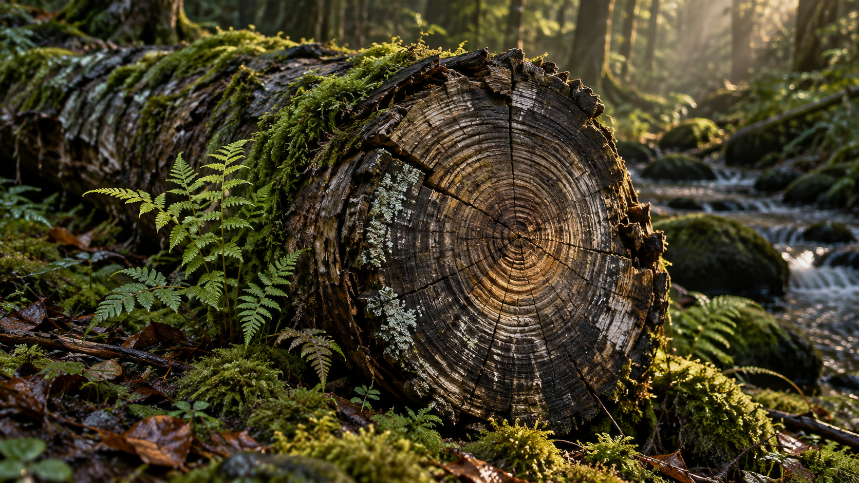 Weathered growth rings on a fallen tree beside moss and young ferns in soft forest light.